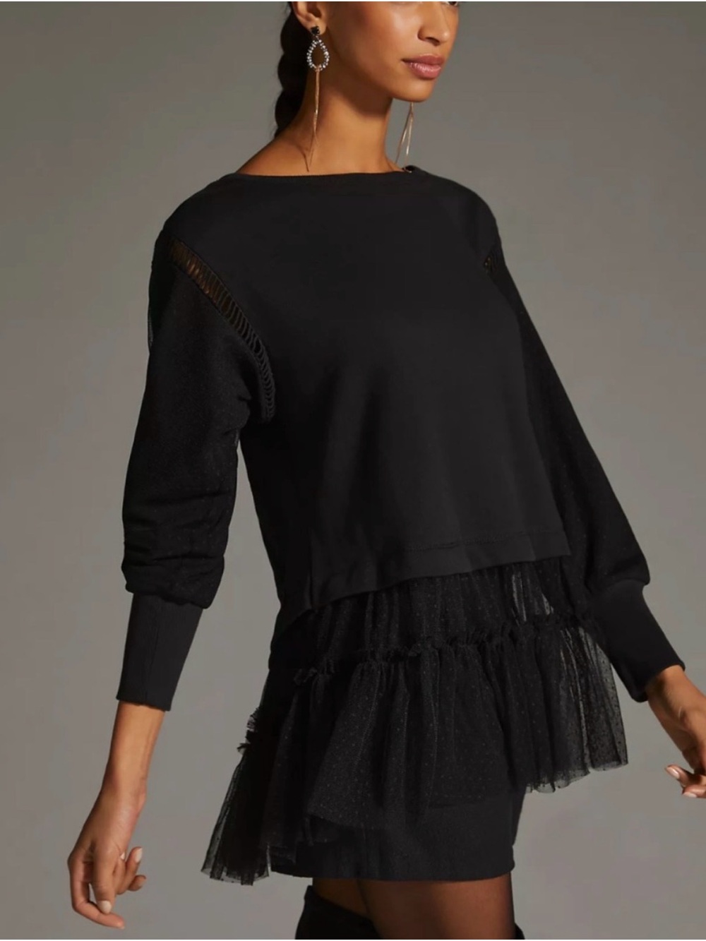 Anthropologie Black Pullover Sweatshirt with Dotted Tulle Hem - Picture 9 of 10